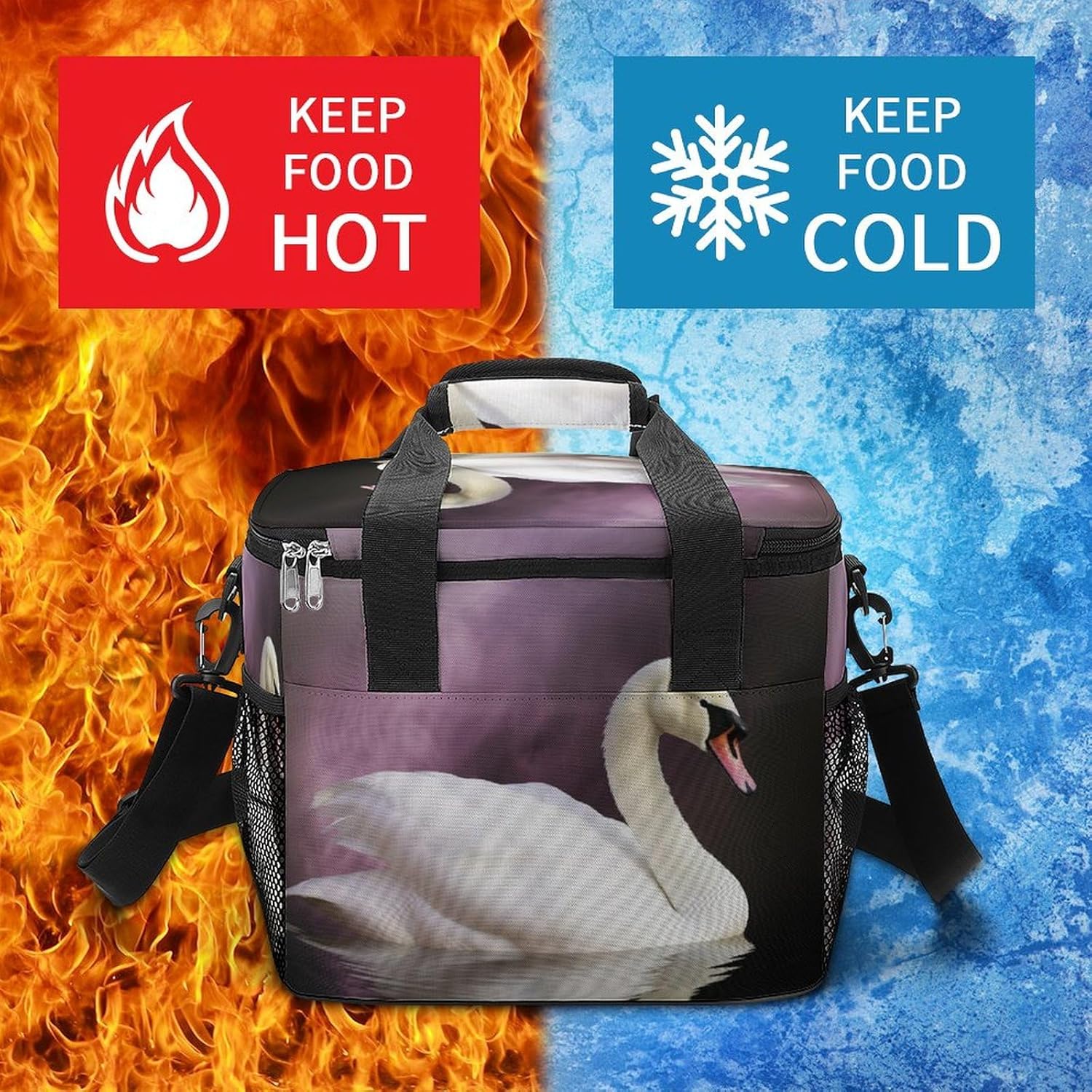 Large-Capacity Oxford Cloth White Swan Printed Camping Ice Bag, Outdoor Portable Insulation and Cold Storage Bag, Enjoy A Cool Camping Time