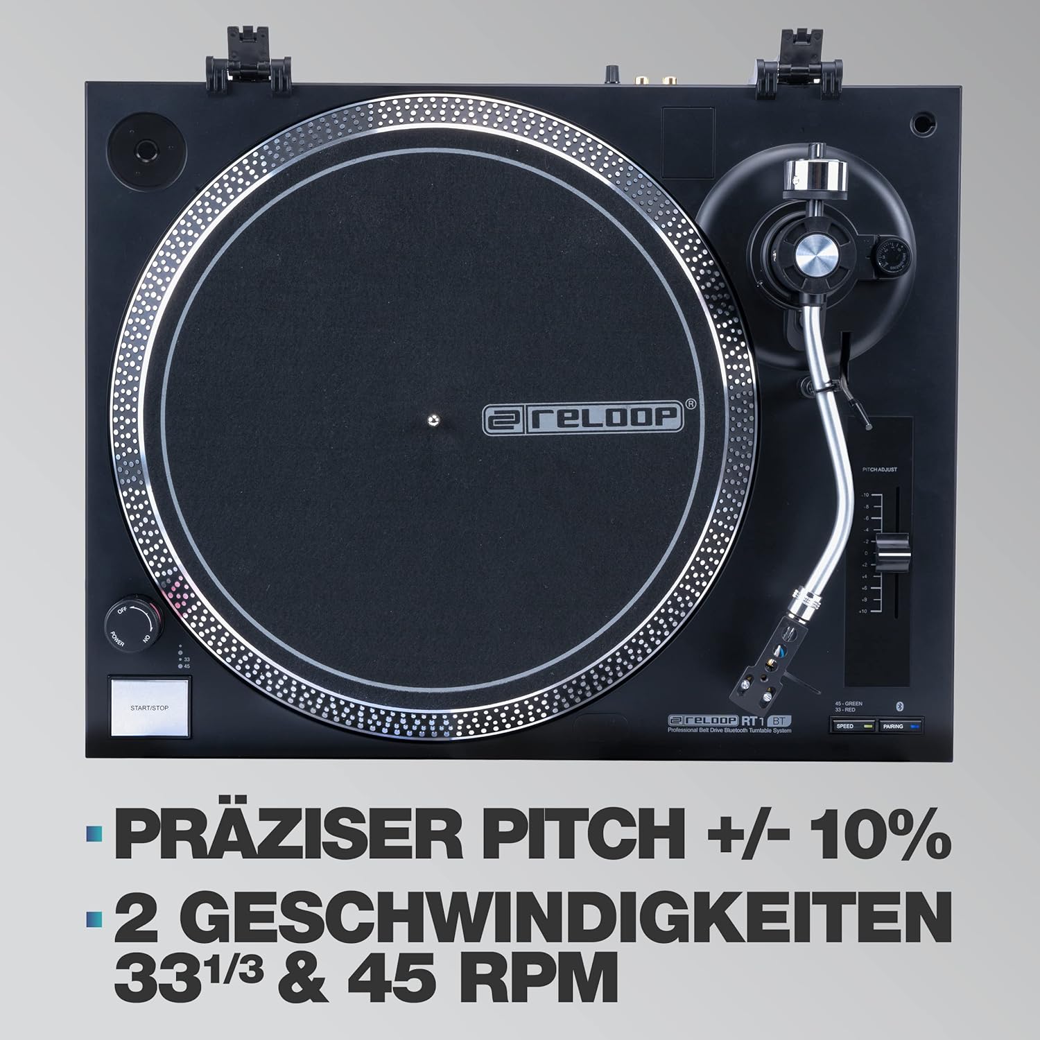 Reloop RT-1 BT Turntable showing pitch control and speed selection
