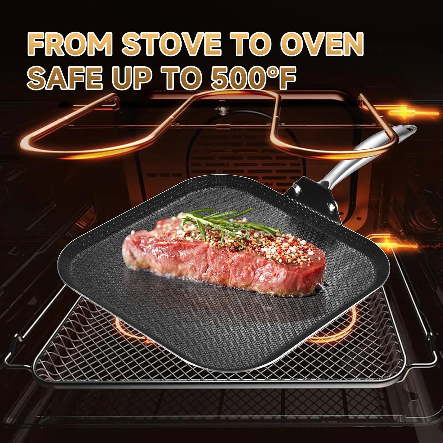 LOLYKITCH 11" Nonstick Square Griddle Pan - Tri-Ply Stainless Steel Flat Skillet for Pancakes - Ceramic Coating Griddle & Comal - Induction Ready Grill Frying Pan, Riveted Handle, PFOA Free