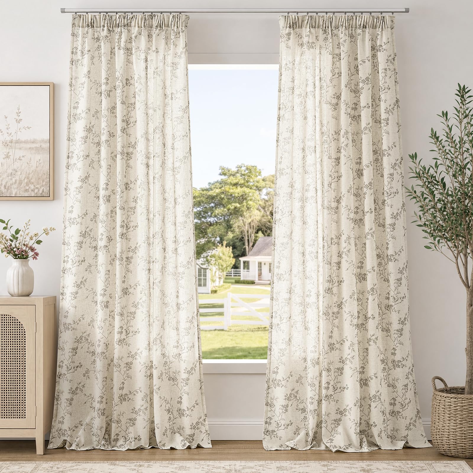 TOPICK Floral Gardinen Leinenoptik Vintage Vorhänge 2er Set Grau H245xB140 | Lichtdurchlässig Gardinen mit Kräuselband Wohnzimmer boho landhausstil blickdicht Vorhänge Schlafzimmer mit Schlaufen Curtain