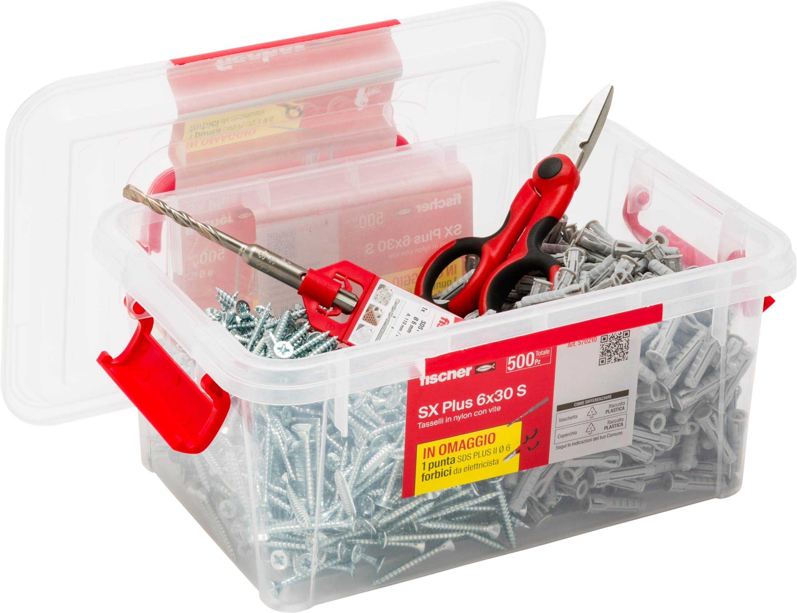 Fischer Vaschetta 500 Tasselli SX Plus 6mm con Vite + Forbici Ergonomiche + Punta Trapano SDS Plus, 570210