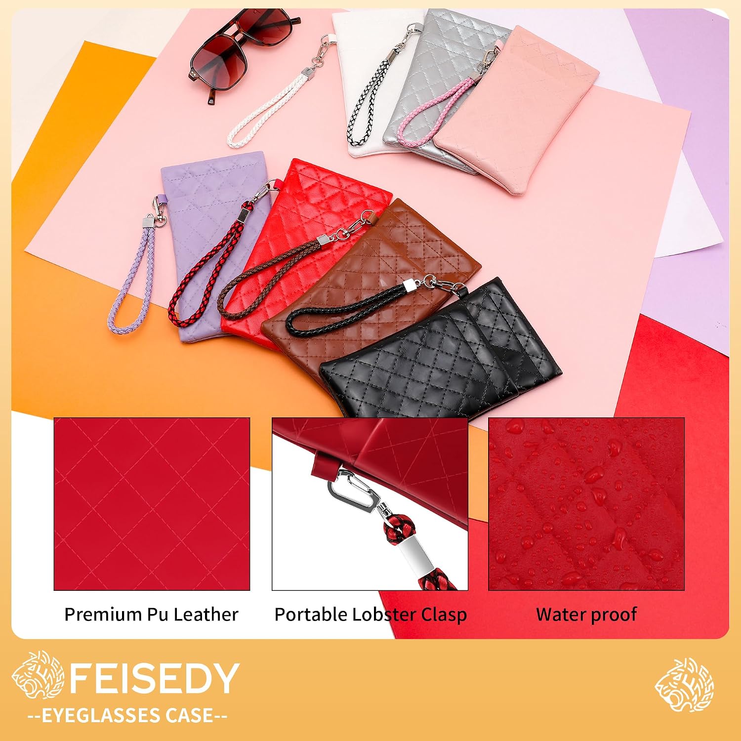 FEISEDY 2Pack Double Glasses Case Soft Eyeglass Pouch Squeeze Top Sunglasses Bag with Wrist Strap B0363