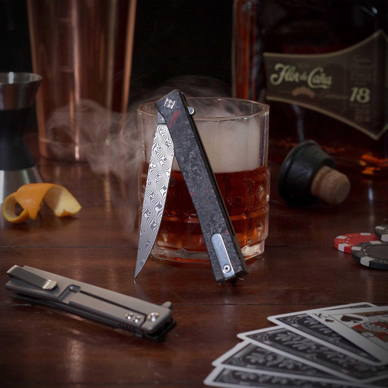 Ocaso - Solstice Gentleman's Knife, 3.5" 120-Layer German Damascus Steel, Carbon Fiber and Titanium Handle, Ambidextrous Deep Carry Pocket Clip, Dark Matter Red 10IFR