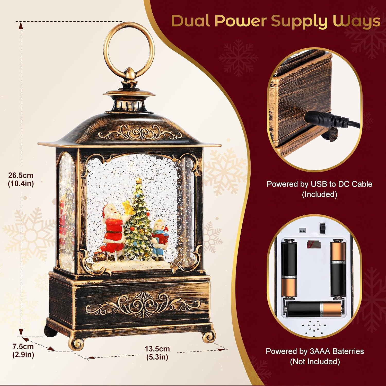 Christmas Snow Globe Lantern with Music and Light, Spinning Water Glittering Lantern, Battery & USB Powered Lighted Holiday Decor Gift (Santa Claus)