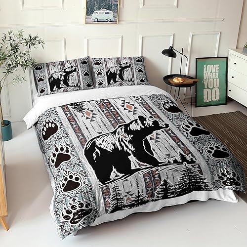 Miniatura 2 de AILONEN Juego de funda de edredón de oso gris, tamaño Queen, juego de ropa de cama de oso grizzly de animales del bosque, juego de edredón vintage