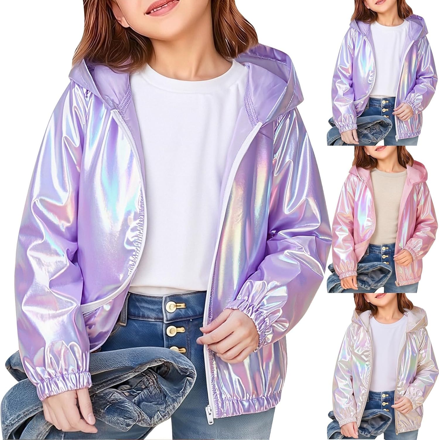 Kids Metallic Shiny Jacket Sparkly Lightweight Waterproof Raincoat Boys Girls Street Y2K Glitter Windbreaker Rain Jacket