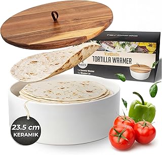 Tortillada - 23,5 cm Tortilla Wärmer mit Holzdeckel, Keramik Tortilla Warmer, Wrap Wärmer - Für Mikrowelle geeignet