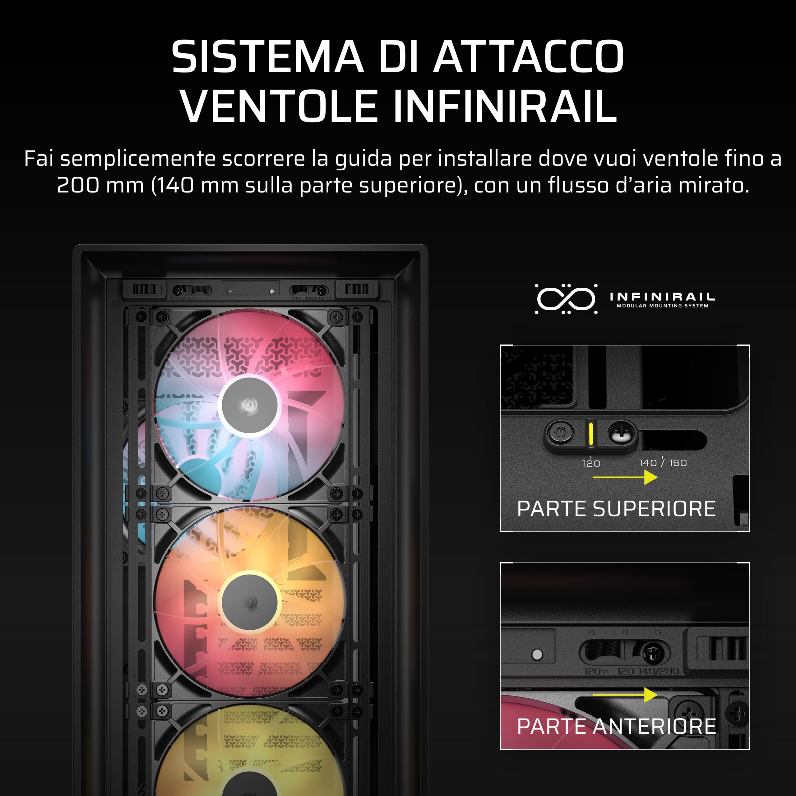 CORSAIR FRAME 5000D RS ARGB Modulare Flusso d'aria Elevato Mid-Tower PC Case – 4x Ventole RS Preinstallate, Sistema di Montaggio Delle Ventole InfiniRail, Scheda Madre a Connettore Inverso – Nero