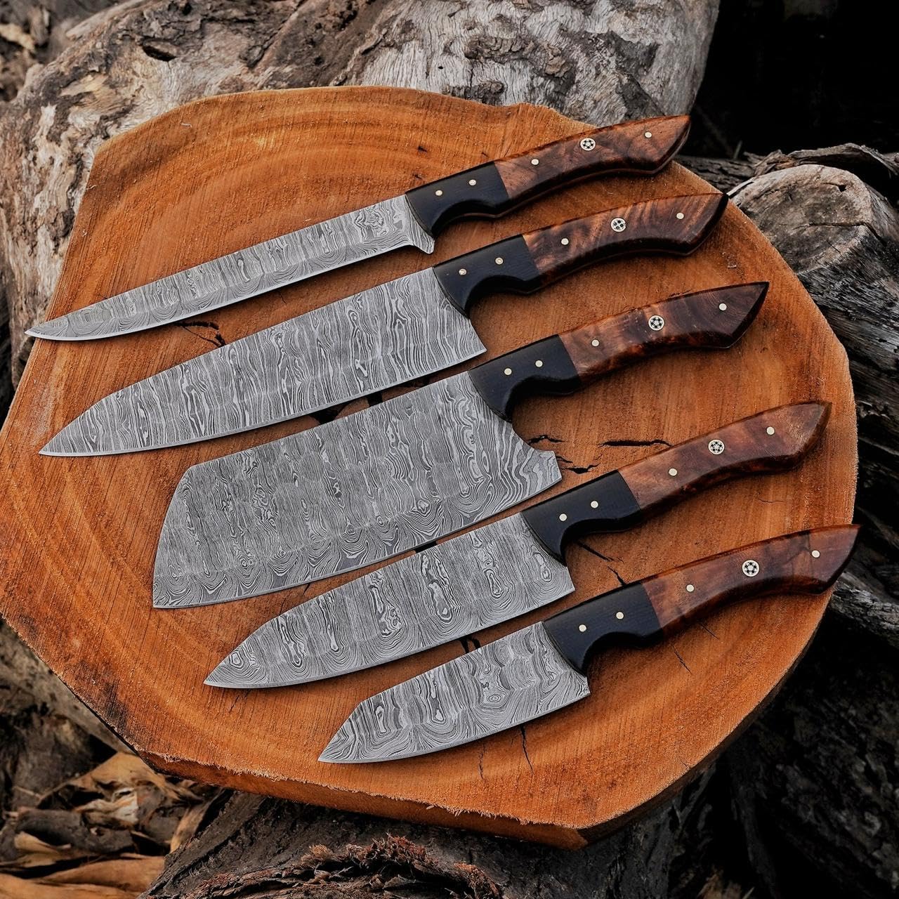 Damascus Steel Kitchen Knife Set, 5 PCS Hand Forged Chef Knife Set With Leather Roll Kit Christmas gift kitchen and Dinning