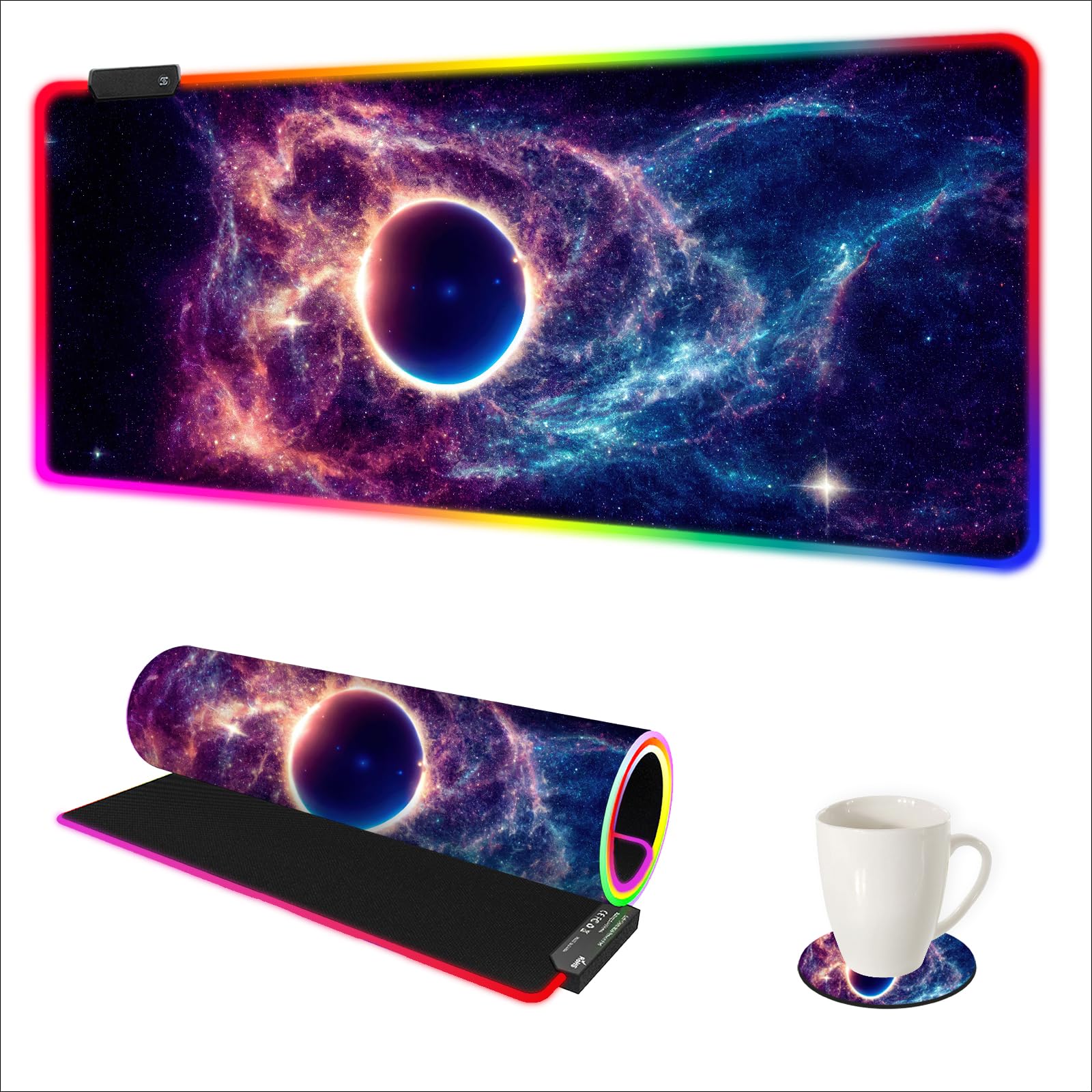 ARTSO RGB Gaming Mouse Pad, Large Mousepad with Led Light, Cosmic Starry Sky Keyboard Pad Gaming Accessories for Desk, Non-Slip Rubber Base Big Mouse Mat for Gamer