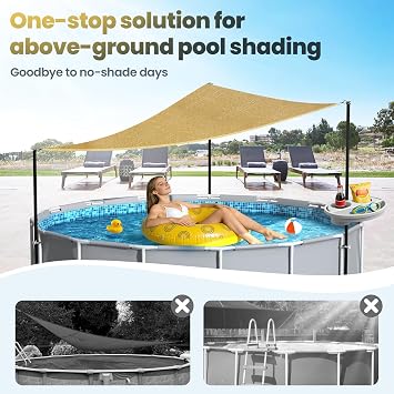 Above Ground Pool Shade Set with Storage Tray UV-Resistant Shade Sail for 15-22 Ft Pools, Outdoor Triangular Canopy with Sun Shade Poles for Deck, Backyard & Pool Essentials (13x13x13 Ft)