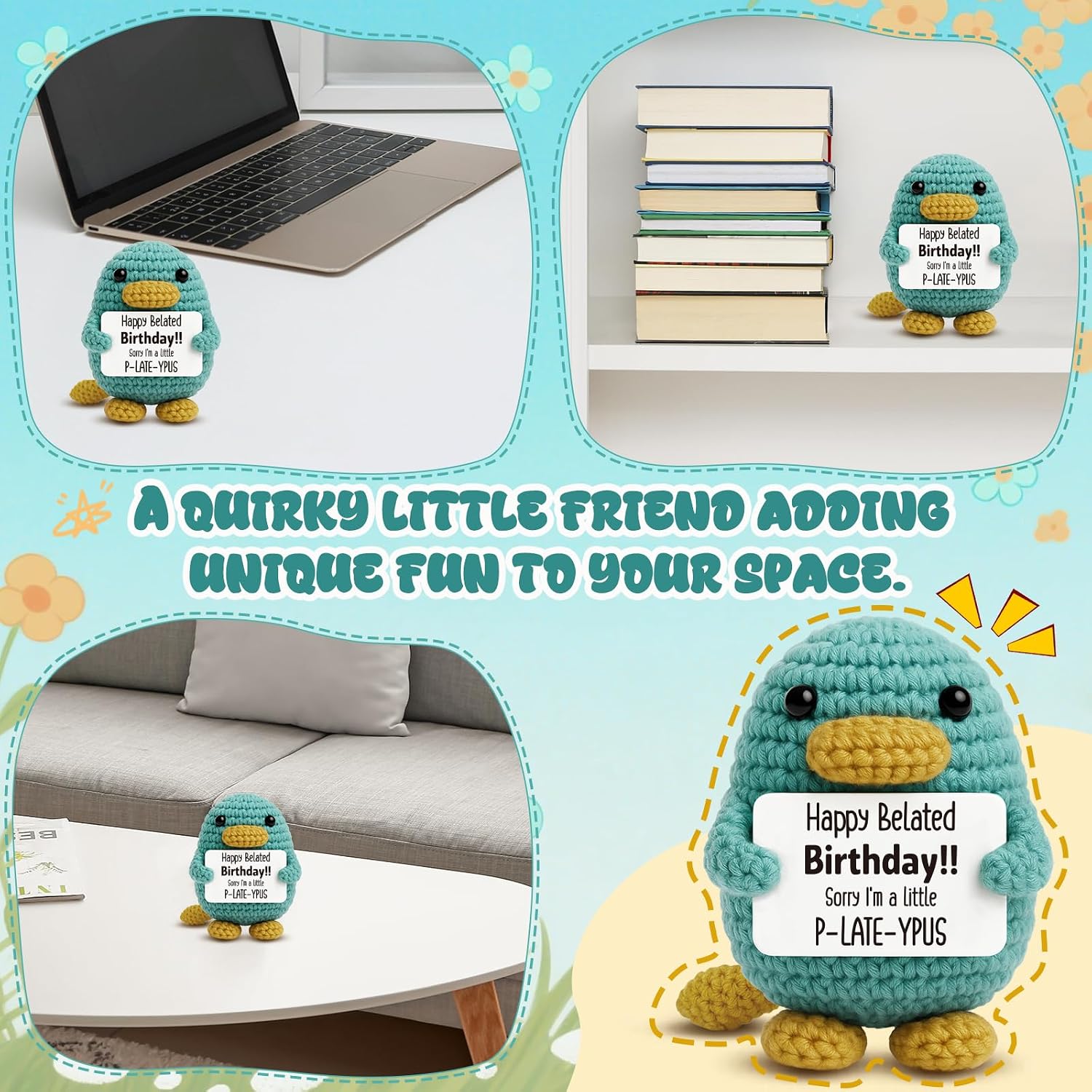 Funny Belated Birthday Gift for Women Men - Mini Handmade Crochet Platypus with Humorous Message Card, Cute Gag Gift for Best Friends, Family & Coworkers, Unique Late Birthday Present