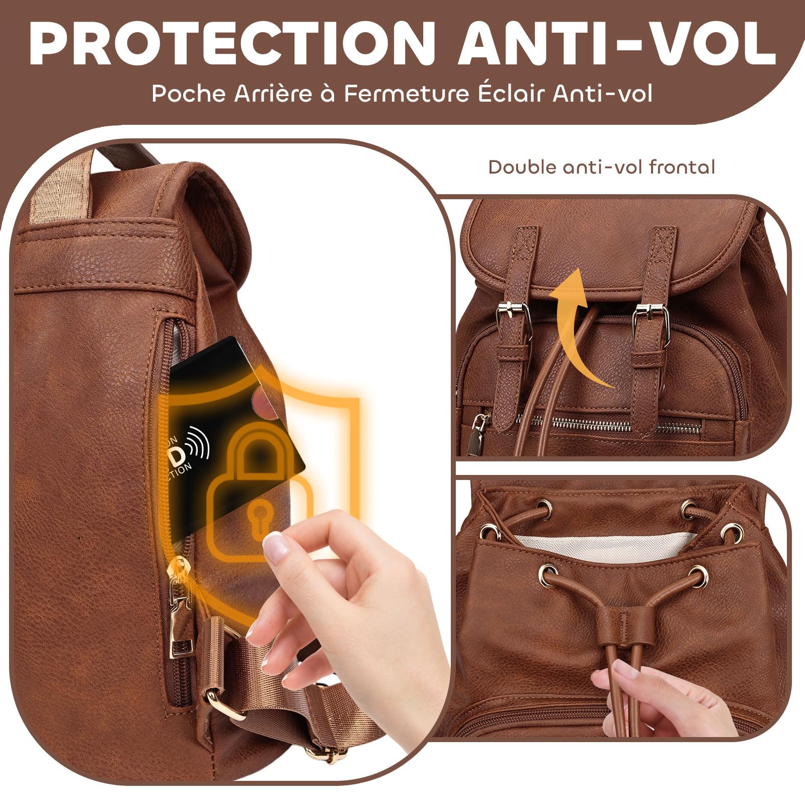Leathario Petit Sac a Dos Femme, Sacs à Main Portés Dos Femme Antivol Léger Backpack Loisirs Casual en Cuir Vegan pour Voyage L'école Travail Université Collège Shopping