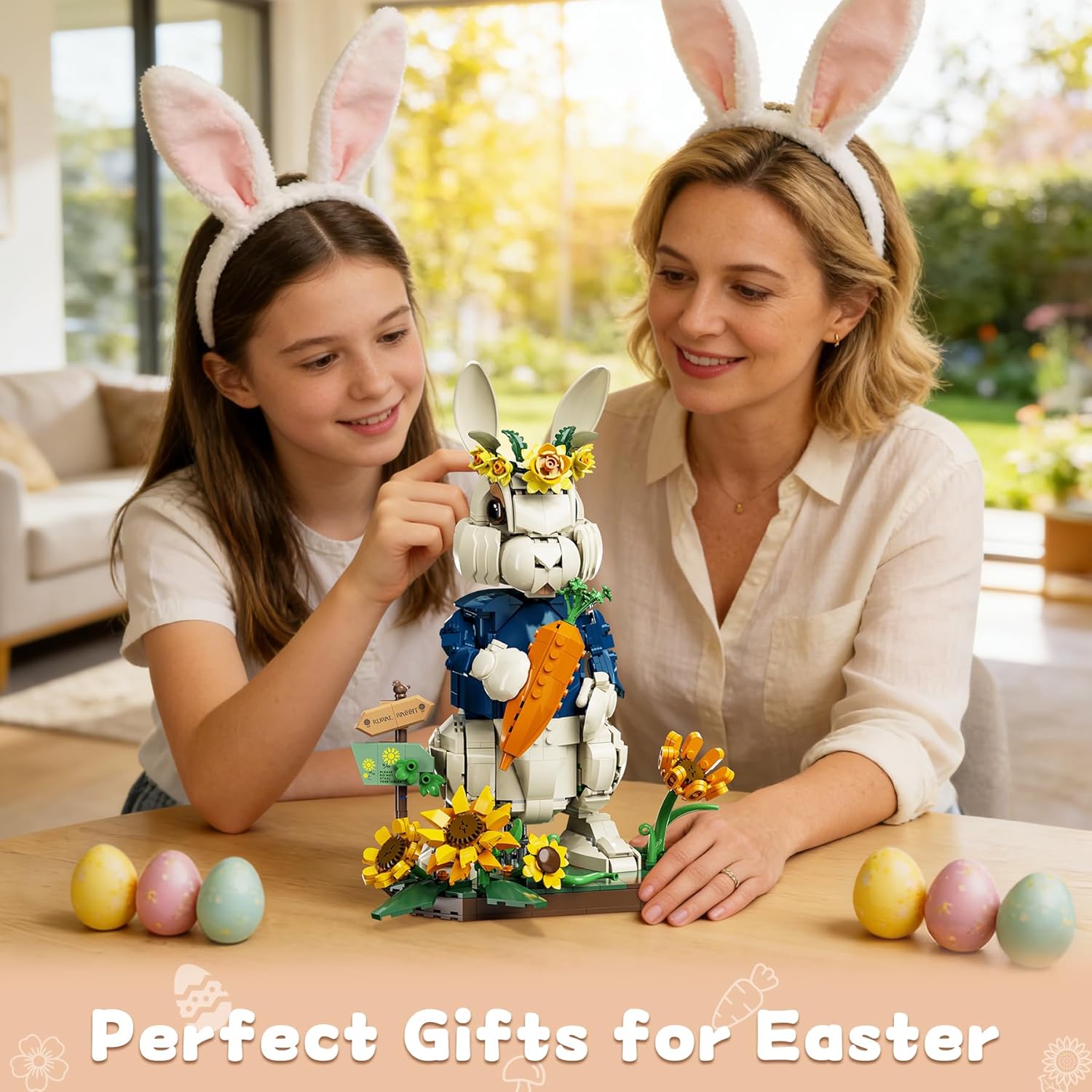 Easter Wonderland Bunny Building Blocks Set, Compatible with Lego Easter, Creator Cute Rabbit Toys with Carrot & Sunflower Display Base Creative Gift for Kids Girls Adults - Image 6