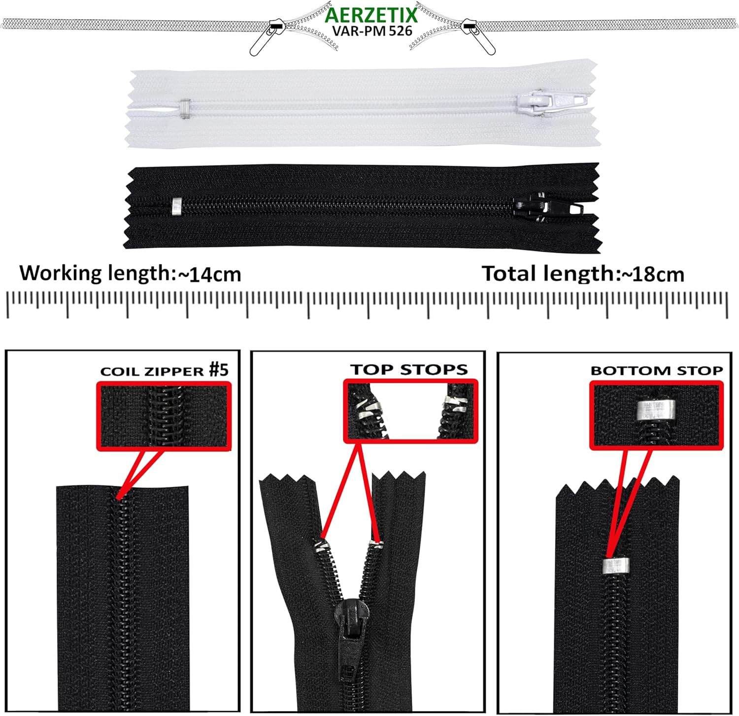 AERZETIX - Set of 12 spiral zippers 6 black + 6 white no. 5 14 cm non-separable with slider - metal nylon polyester - sewing repair textile design
