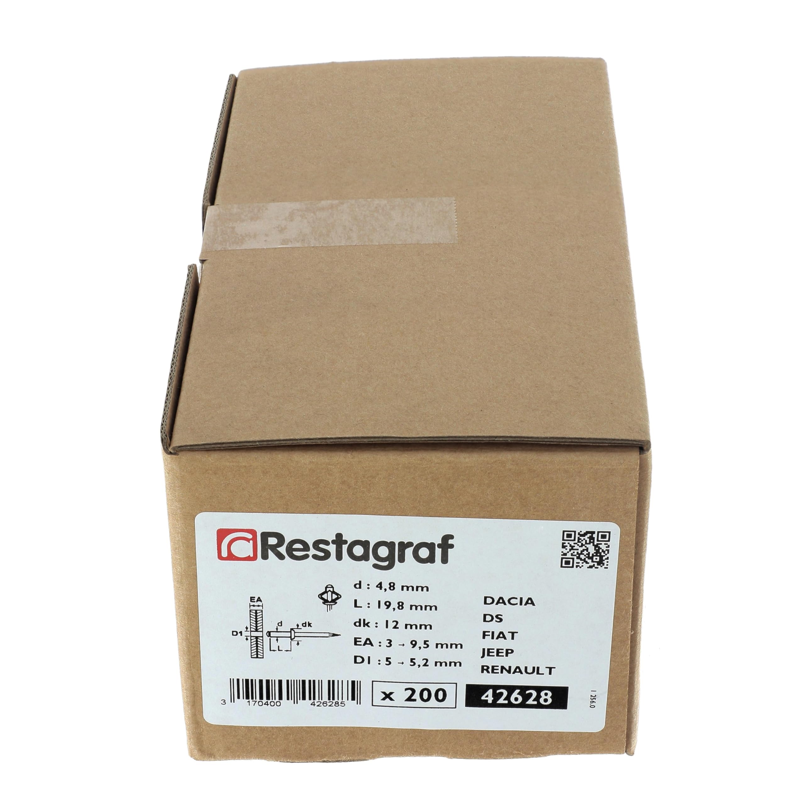 Restagraf - Rivet Expansé Tête Large Aluminium - Compatible avec Alpine, Cupra, Dacia, DS, Fiat, Jeep, Mitsubishi, Opel, Renault - Diamètre 4,8 mm - Longueur 19,8 mm - Réf. 42628 - Boîte de 200