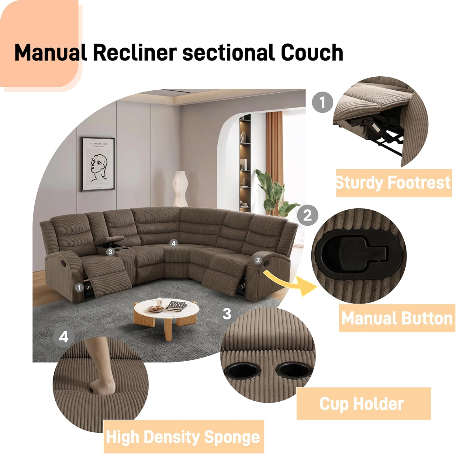 Manual Recliner Sofa Set with Storage, Corduroy Living Room Furniture Sets,L-Shaped Sectional Couch for Home with 2 Recliner Seats,Cup Holder (Brown 2, Sectional) | Storage, Corduroy, L-Shaped, 2 Recliner Seats, Cup Holder