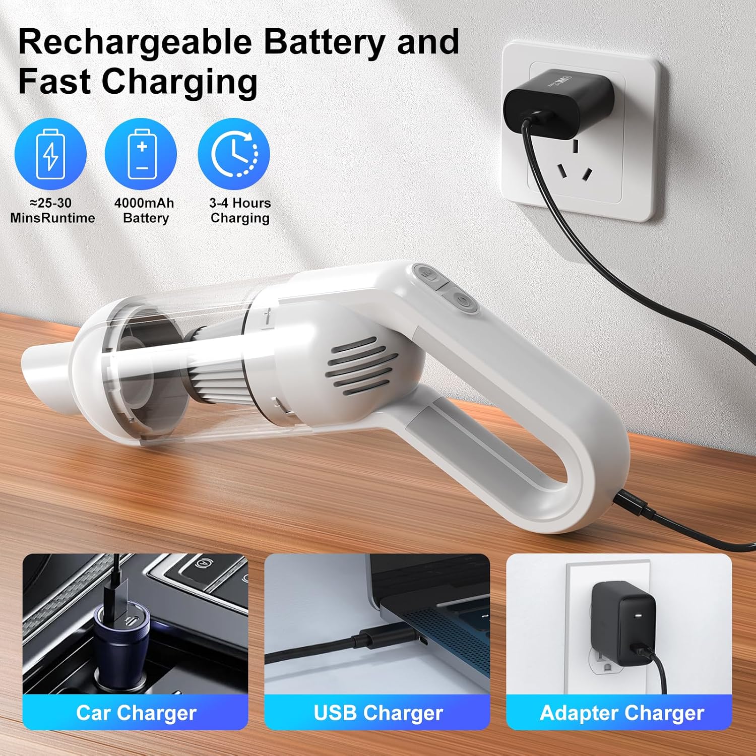 2-in-1 Cordless Handheld Vacuum Cleaner,10000PA Powerful Suction Portable Lightweight Hand Held Vacuum with LED Light,Multiple Accessories,USB Rechargeable,for Car, Office & Home Cleaning