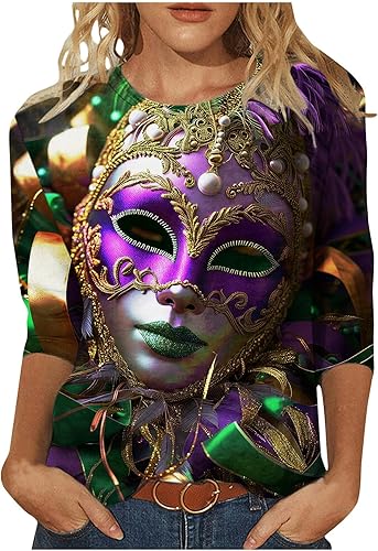 Blusa de manga 34 con estampado de máscara de fantasía para mujer, camisa de fiesta de Mardi Gras, carnaval, Mardi Gras, atuendo de Mardi Gras,