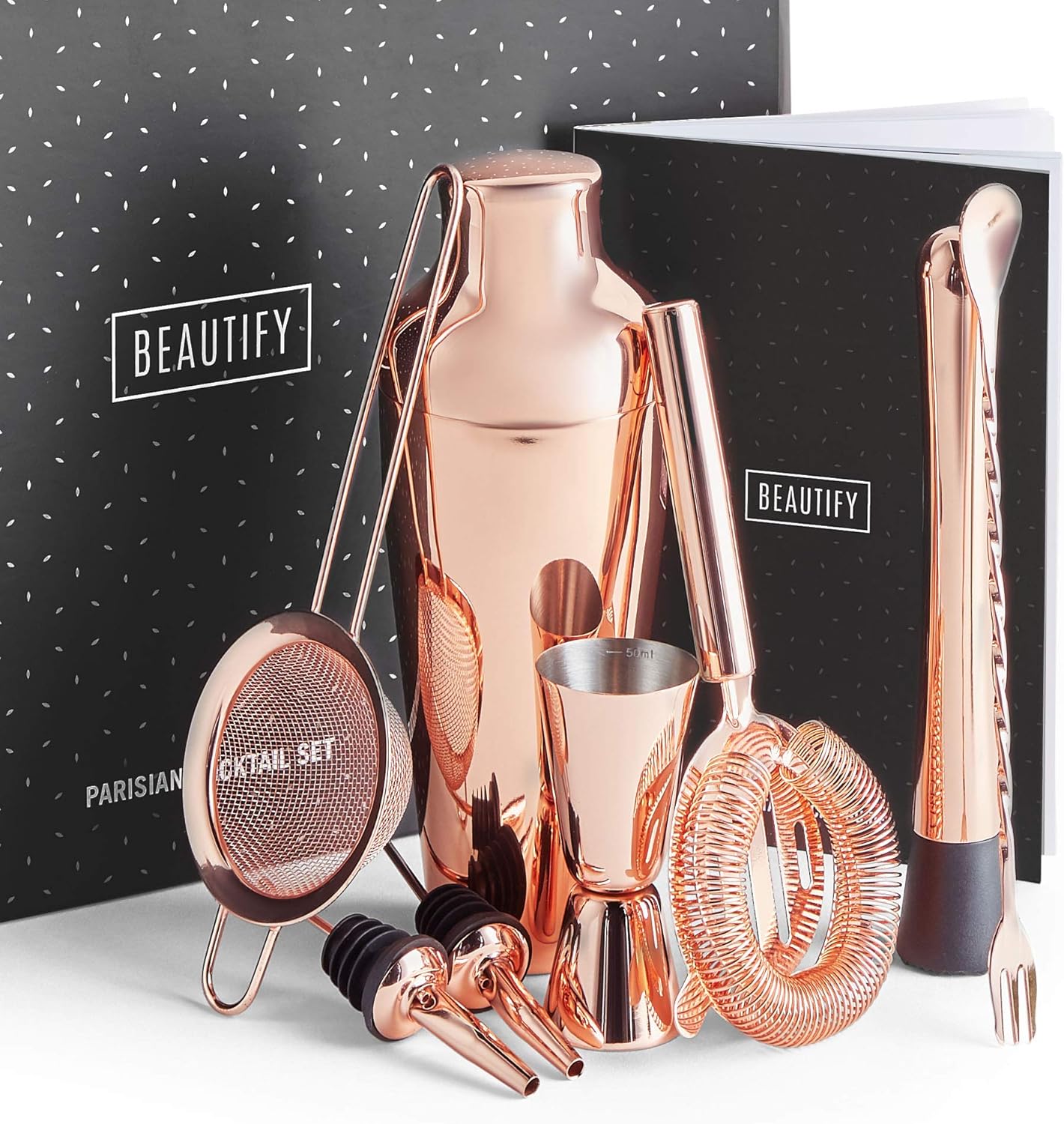Beautify BTFY Rose Gold Cocktail Shaker Set, Copper Stainless Steel