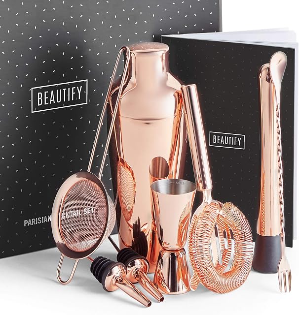 Beautify BTFY Rose Gold Cocktail Shaker Set, Copper Stainless Steel Parisian Bartender Kit w/Gift Box, Strainers, Double Jigger, Pourers, Bar Spoon & Muddler