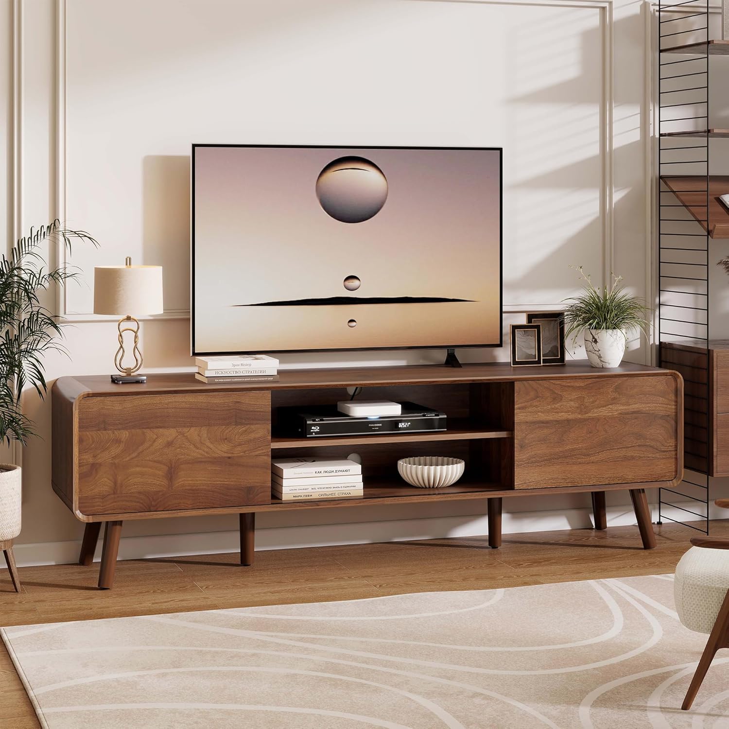 70" Mid Century Modern TV Stand for Tvs up to 80", Entertainment Center with Storage, Sideboard Media Console for Living Room with 2 Sliding Door/Adjustable Shelves, Walnut