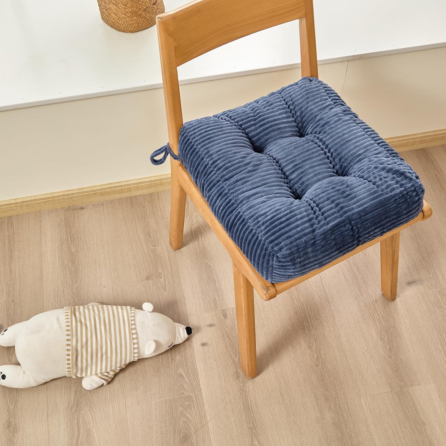 Chair Cushion 16.5 x 16.5 Inches, 4-Inch Thick Seat Cushion with Ties & Non-Slip Bottom, Elastic Corduroy Chair Pad for Dining Chairs, Kitchen, Office (Blue, Pack of 4)