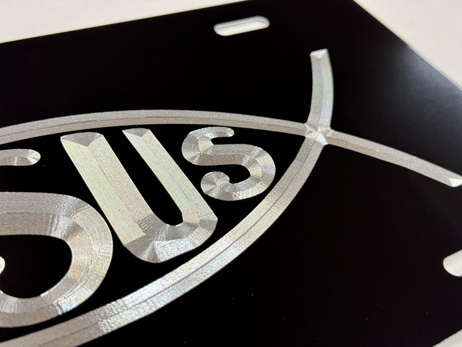 Engraved Christian Fish Jesus Car Tag Diamond Etched Silver on Black Aluminum Metal License Plate