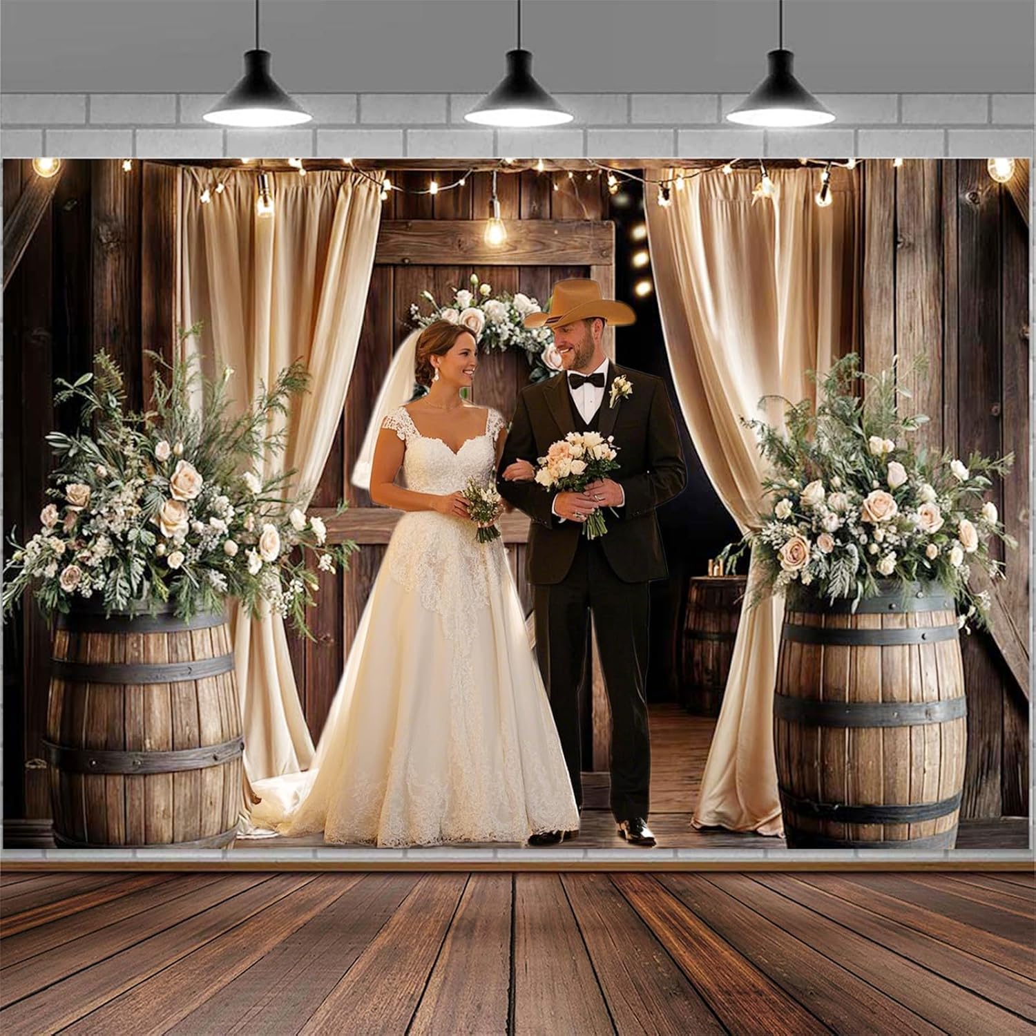 12X10ft Wooden Wedding Backdrop Banner Vintage Country Floral Barn Door Anniversary Photography Backdrops Western Rustic Plank Birthday Party Baby Shower Party Photographic Studio Photo Backgrounds