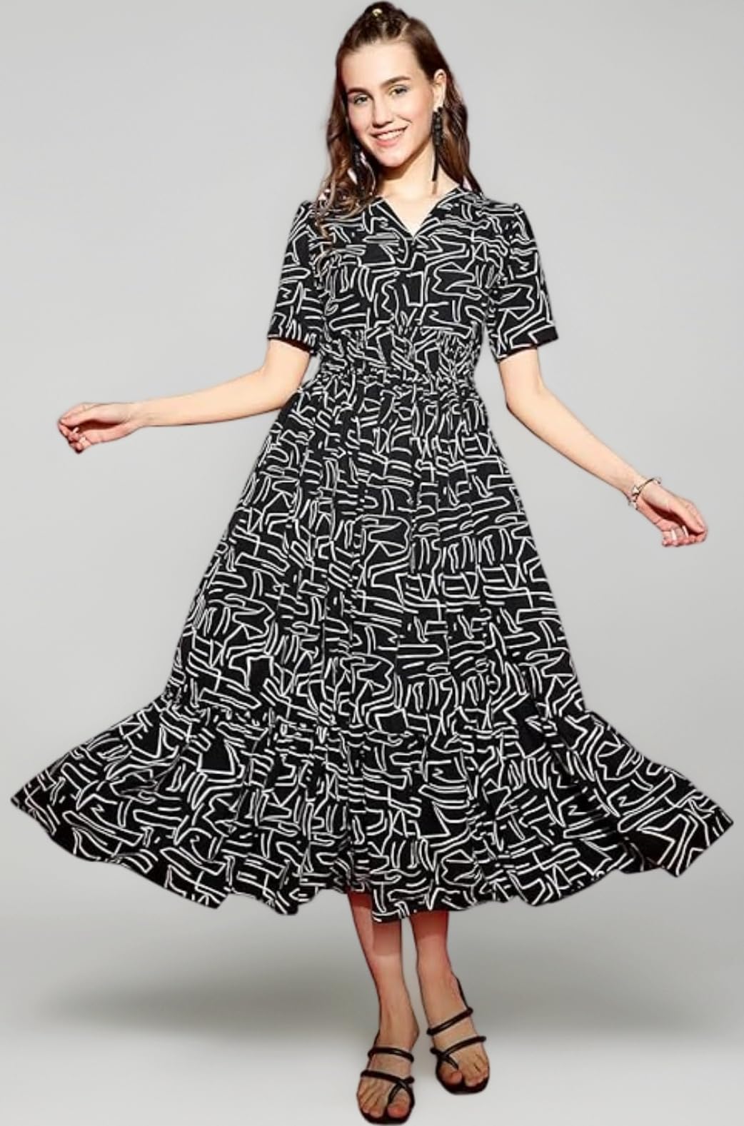 Sheetal Associates Women's Crepe Fit and Flare Printed Half Sleeve V-Neck Casual Dress