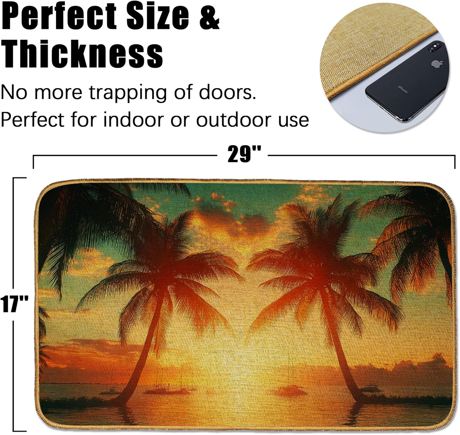Beach Palm Tree Door Mat 17"x29",Tropical Sunset Doormat Indoor Entrance,Non Slip Rubber Front Door Mats Washable Absorbent Inside Outside Low-Profile Home Entryway Rug Outdoor