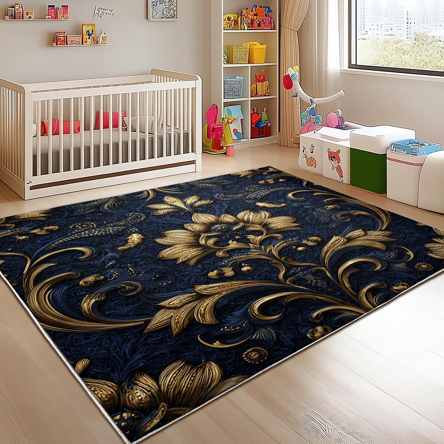 Generico Tappeto Soggiorno Moderno a Pelo Corto 140x200 cm Lavabile in Lavatrice Fiori Dorati Europei Tappeto Morbido e Antiscivolo per Camera da Letto, Ufficio e Corridoio, Blu Scuro Tappeti