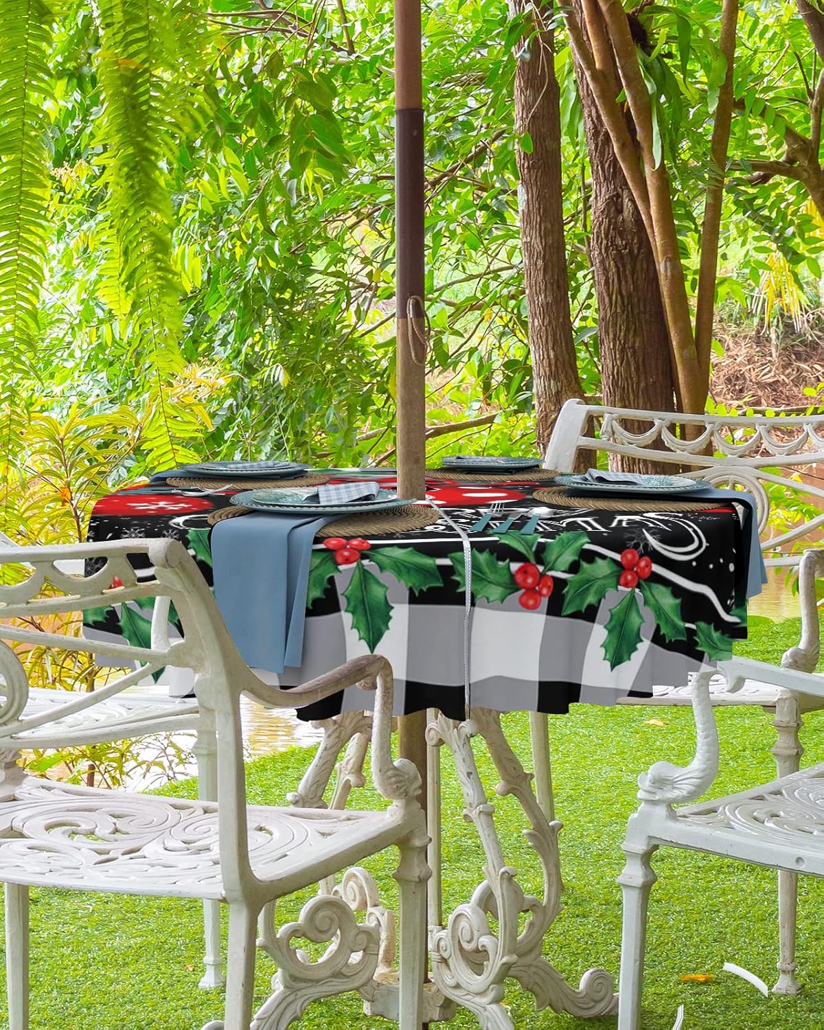 Christmas Balls Red Outdoor Tablecloths with Umbrella Hole and Zipper, Black White Plaid Xmas Snowflake Black Waterproof/Stain Resistant Round Table Cloth 54'' Patio Table Cover for Picnic/Party