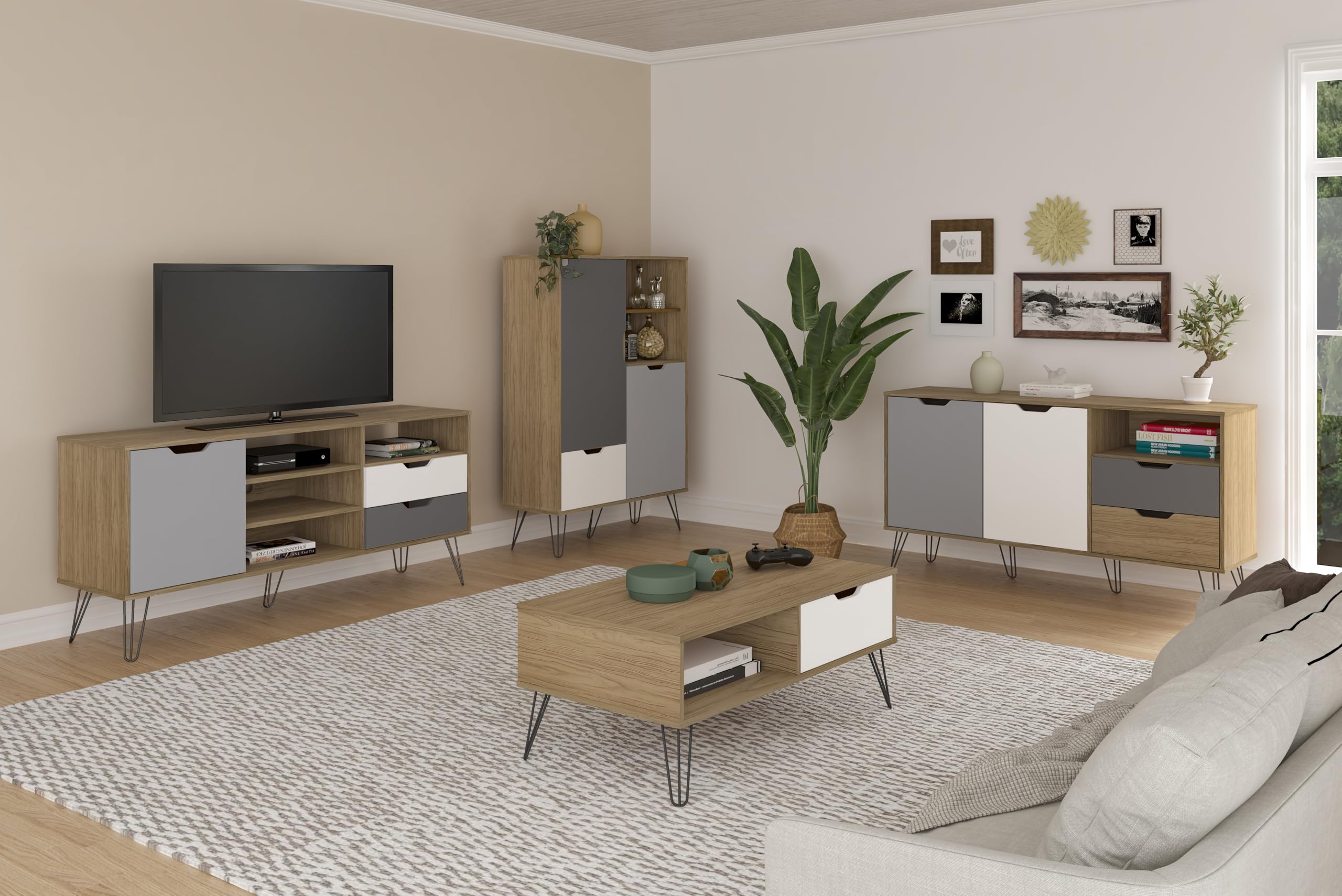 MOMMA HOME Conjunto Completo de Salon y Comedor, Modelo Estocolmo, Acabado Roble, Blanco y Gris, Aparador + Mueble TV + Mesa de Centro + Aparador Alto Botellero