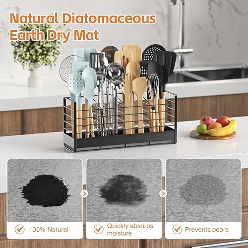 Miniatura 2 de Soporte grande para utensilios con base de tierra de diatomeas, para encimera de cocina, organizador de utensilios de cocina, 4 compartimentos