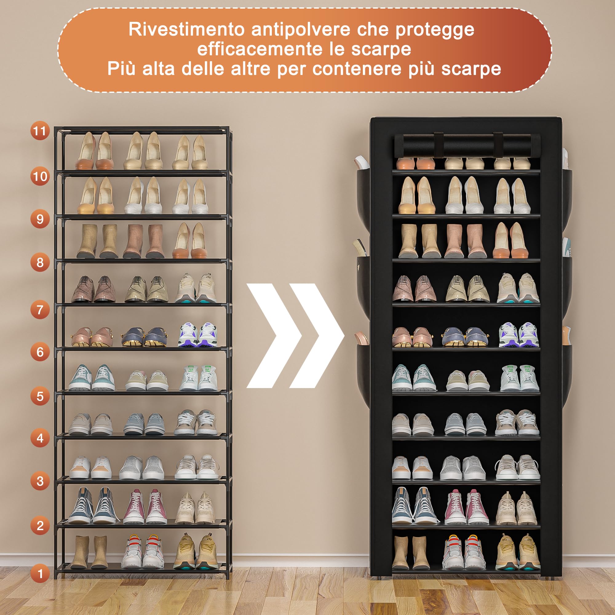 OYREL Scarpiera a 11 Ripiani in Tessuto Antipolvere Chiusa o Aperta, Scaffale Portascarpe con Copertura di Tessuto, 6 Tasche Laterali, per Scarpe da Ginnastica, Tacchi Alti, Ciabatte | Scarpiera grande per 36-41 paia di scarpe, scarpiera chiusa in tessuto
