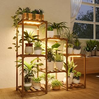 Bamworld 3 Poziomowa Stojak na Kwiaty z Oświetleniem do Uprawy Drewniana Drabinka na Rośliny do Salonu i na Balkon Regał na 7 Doniczek z Ciepłym Światłem Wspomagającym Wzrost