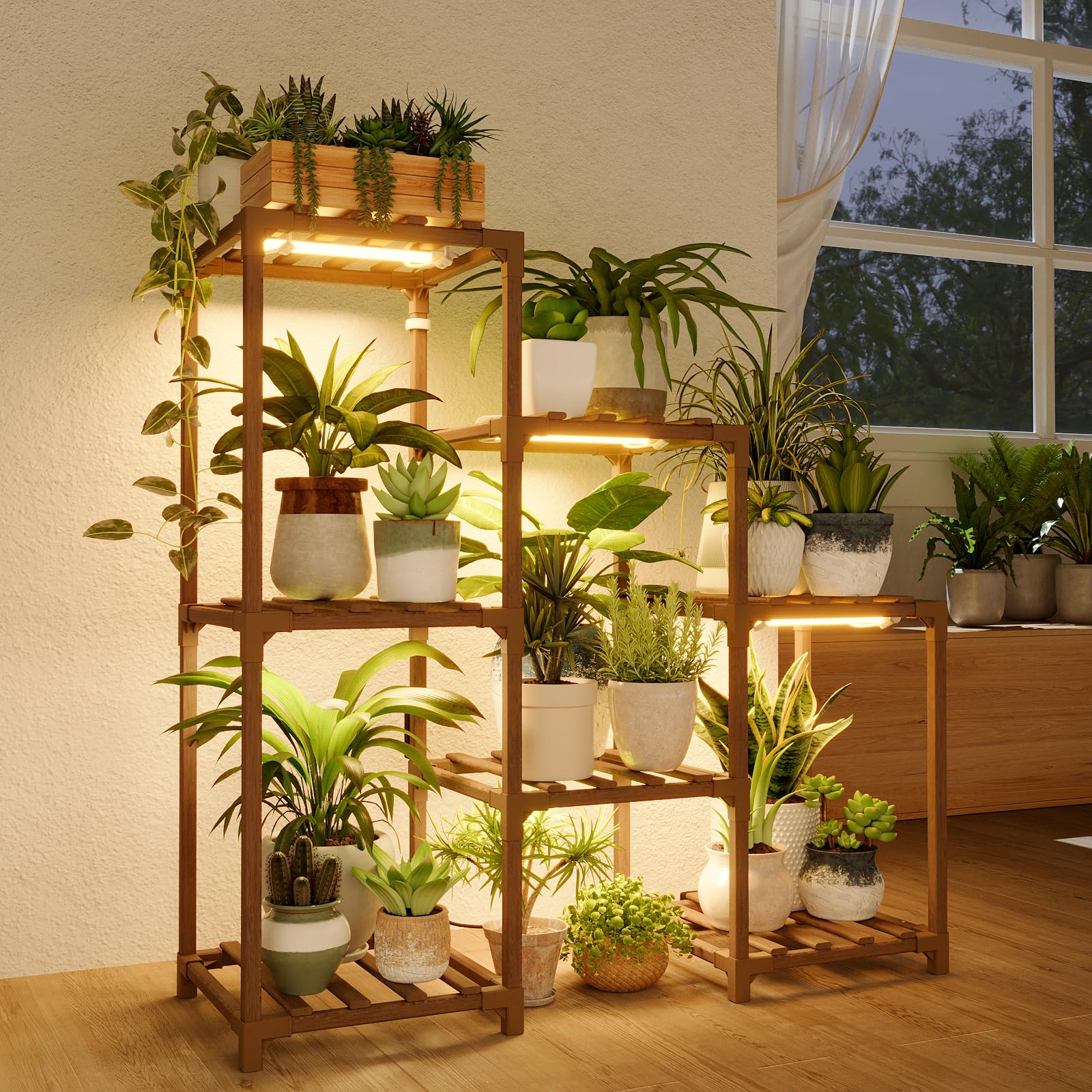 Bamworld Soporte para Plantas de Interior, Estante de Madera para Exterior para Múltiples Plantas, Soporte Escalera de 3 Niveles, 7 Escaleras, Patio (A-Escalera con Luz)