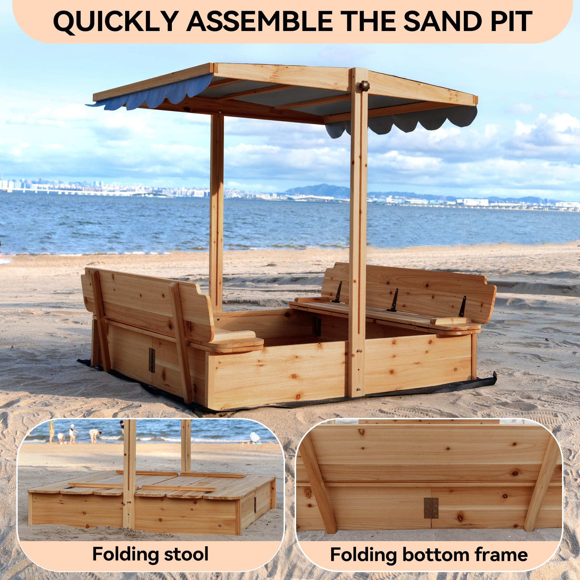 RUNSHED Wooden Sandbox for Outdoor Backyard, 48x48in Large Sand