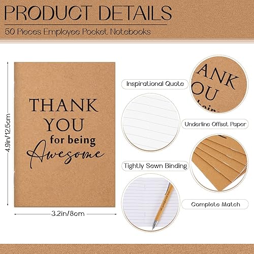 Miniatura 2 de 50 juegos de cuadernos de bolsillo motivacionales a granel, bolígrafos de bambú inspiradores y llaveros de agradecimiento para el regreso a la