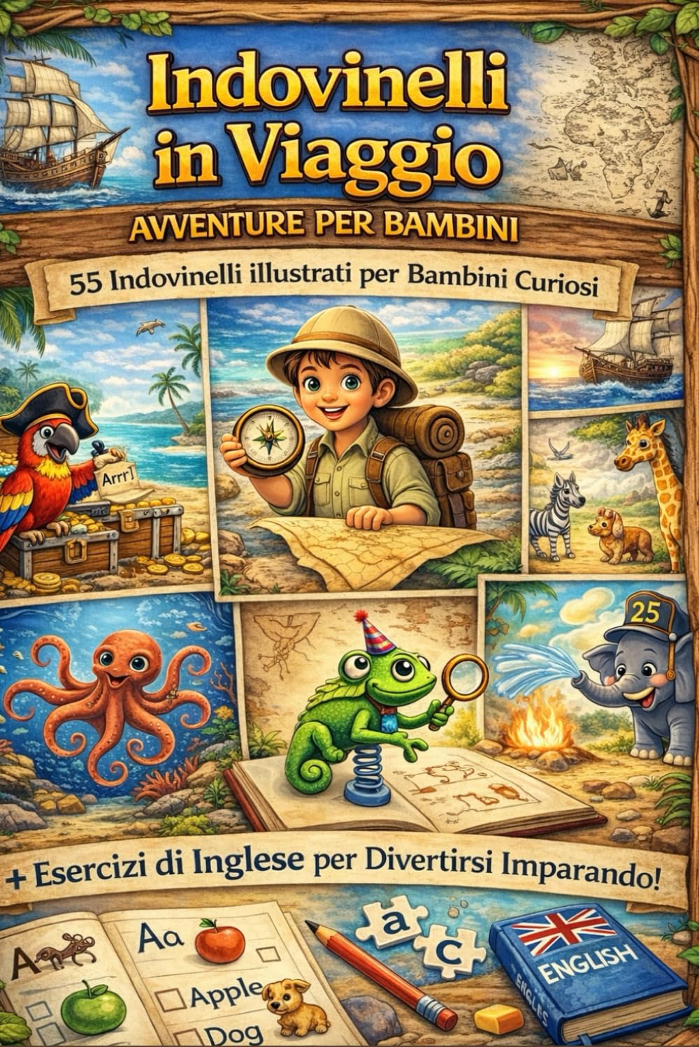 Indovinelli in Viaggio: 55 Indovinelli Illustrati per Bambini 4-8 Anni con Animali, Pirati ed Esploratori. Giochi Logici, Curiosità e Prime Parole in Inglese per Imparare Divertendosi.