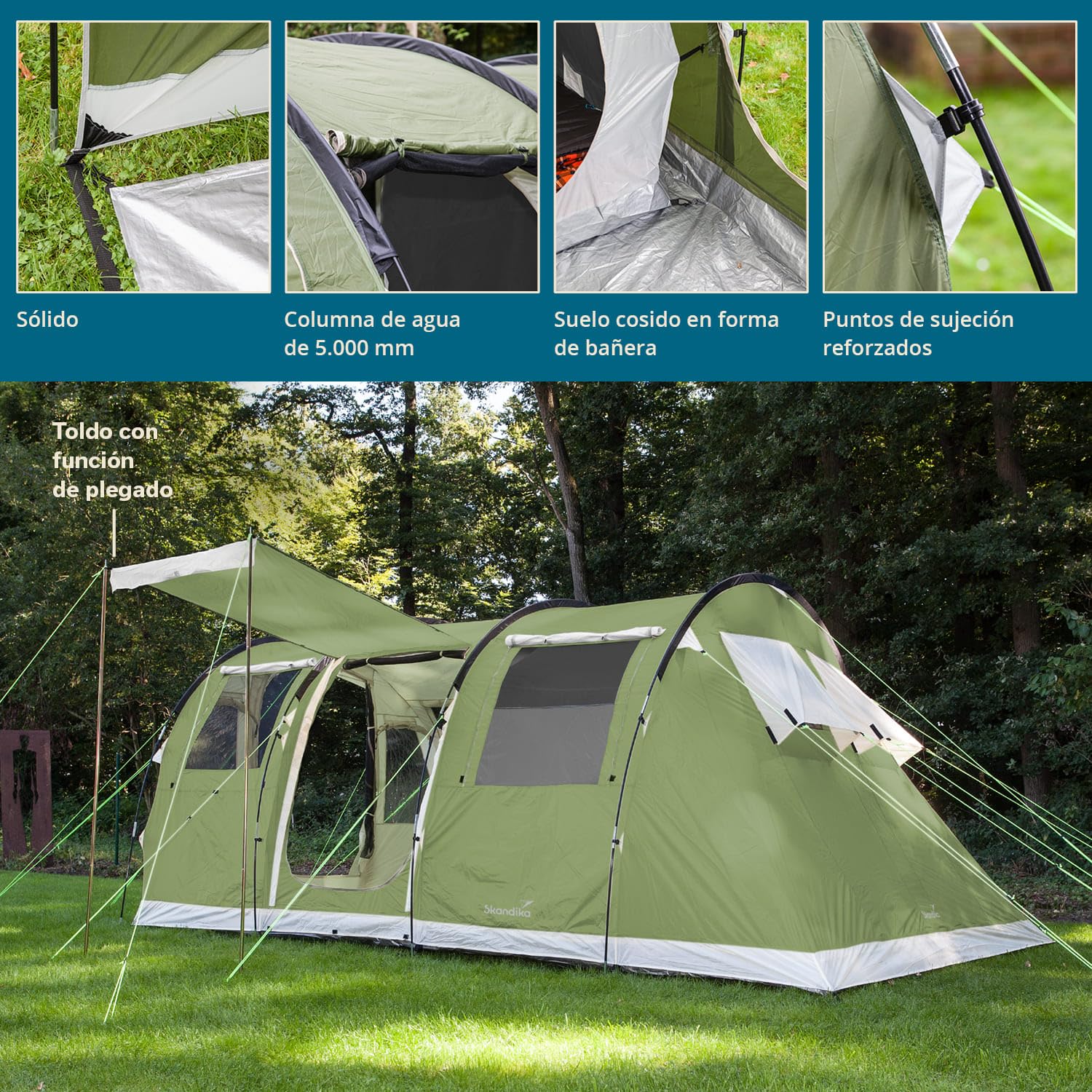 Skandika Gotland Protect - 4 Personas - Tienda campaña Familiar - túnel - mosquiteras - 480x310cm - Columna de Agua de 5000 mm