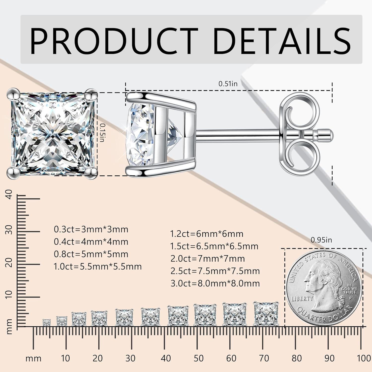 Princess Cut Moissanite Stud Earrings for Women Men, 18K White Gold Plated S925 Sterling Silver D Color VVS1 Clarity 0.3ct-3ct Lab Created Moissanite Earrings Promise Birthday Christmas Gift - Image 3