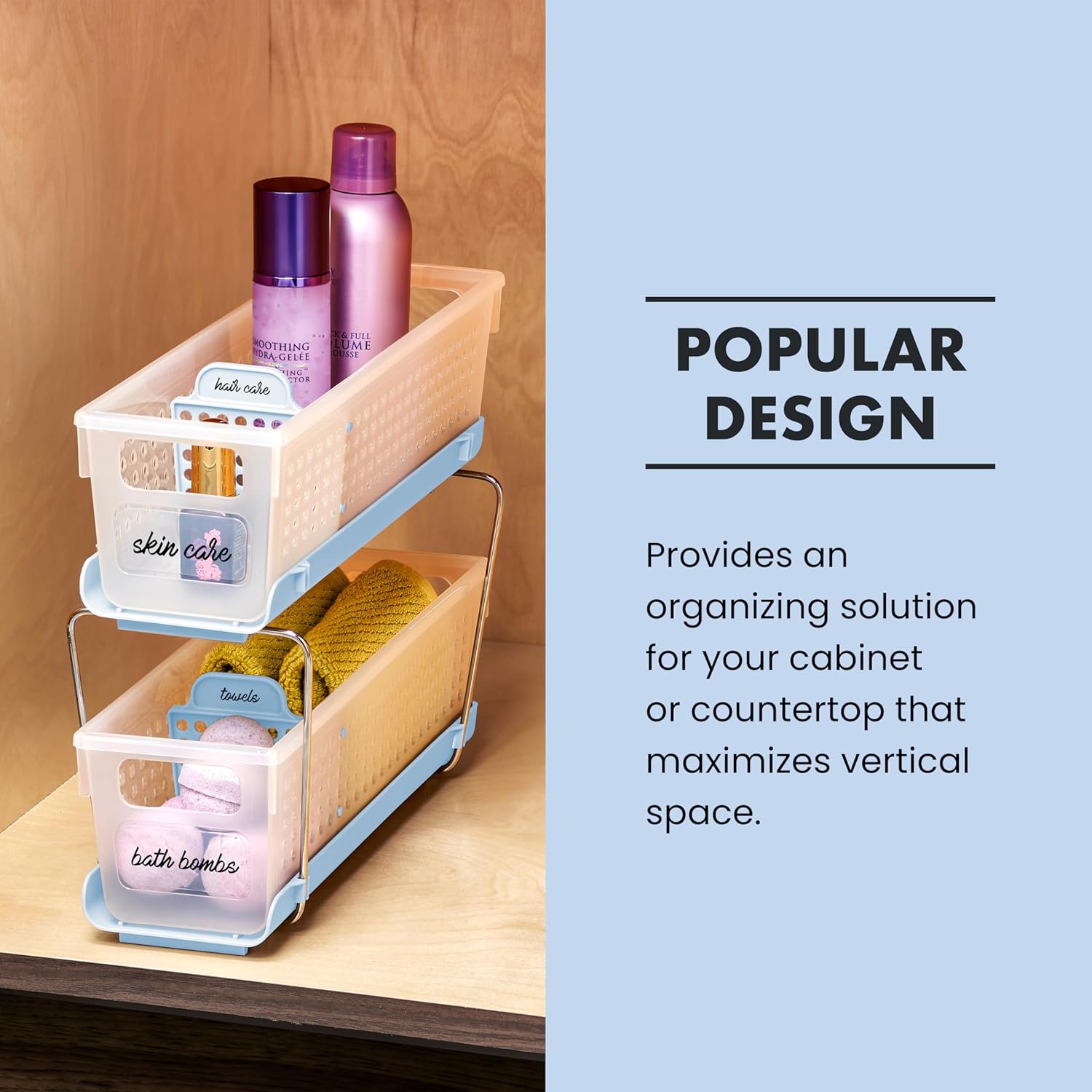 madesmart 2 Tier Bath Organizer, Under Cabinet Storage with Sliding Drawers, for Cleaning Supplies, Pantry, Sponges, Bottles & Kitchen Essentials, Adjustable Dividers & Pull Out Sliding Baskets, Blue