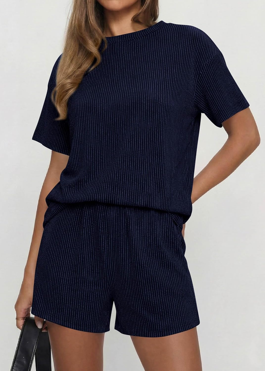 KIRUNDO 2 Piece Sets for Women Summer Shorts Lounge Set Matching Ribbed Knit Short Sleeve Top Airport Travel Vacation Outfits - Image 5