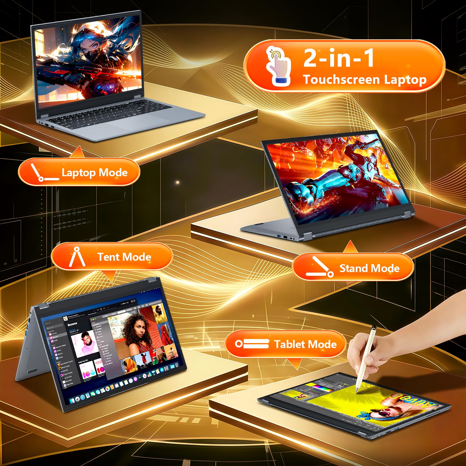 Ordinateur Portable 15,6 Pouces 2-en-1 - PC Portable Win 11, 16Go RAM 512Go SSD, Laptop avec Processeur Ryzen 3 3200U, Écran Tactile IPS FHD 360° Rotation, Graphiques Radeon, Léger avec RJ45 Type-C - 5