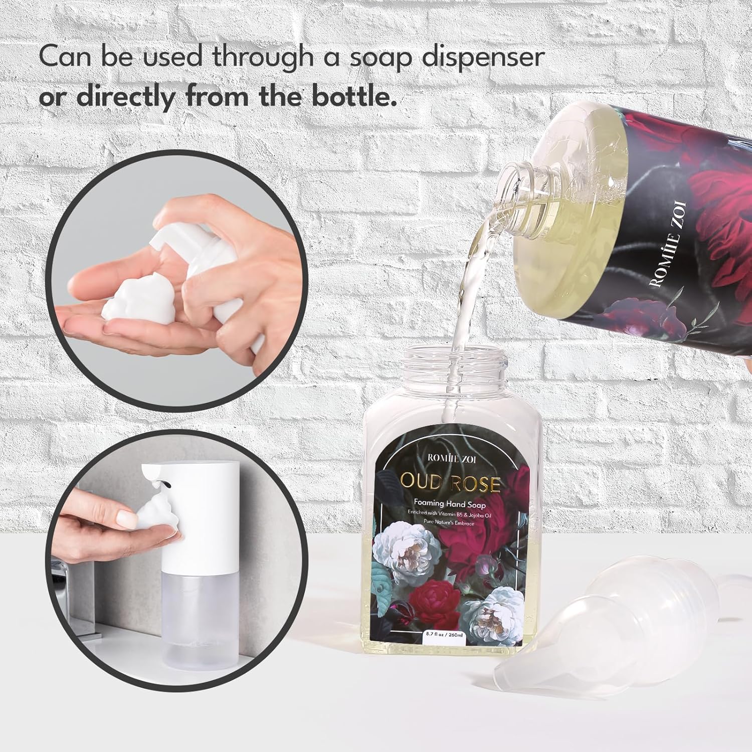 ROMIIE ZOI Foaming Hand Soap Refill Gift Set – 3 Pack (1000ML Each) with Dispenser – Ebony Rose Scent – Gentle & Moisturizing Plant-Based Formula – Bulk Refill Bottles for Bathroom & Kitchen Use