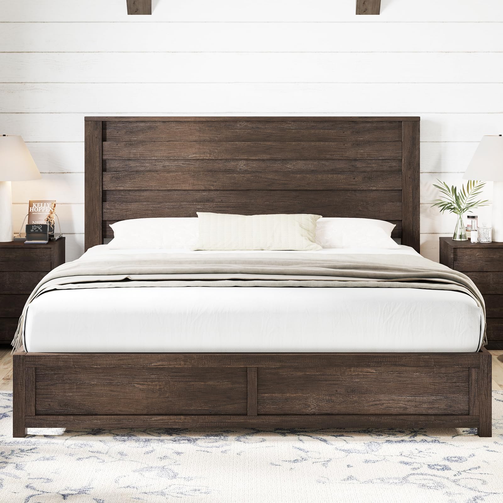 AMERLIFE Farmhouse Queen Size Bed Frame with 49" Fluted Headboard, Wood Platform Bed with Natural Grain, No Box Spring Needed/Noise Free, Gray