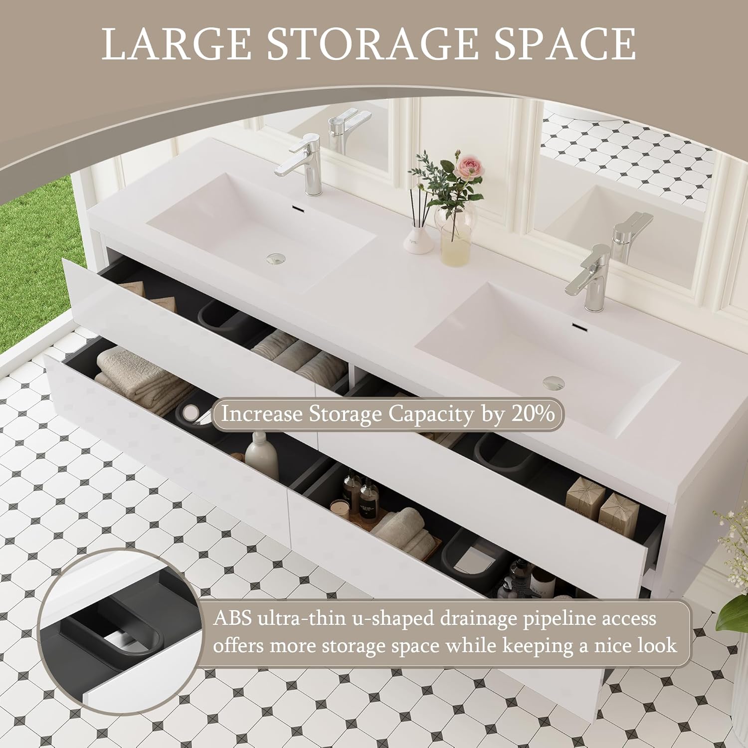 Floating Bathroom Vanity with Double Sinks, 72" Wall-Mounted Bathroom Storage Vanity Cabinet with Resin Top Basin and Soft Close Drawers, No Assembly Required, Glossy White