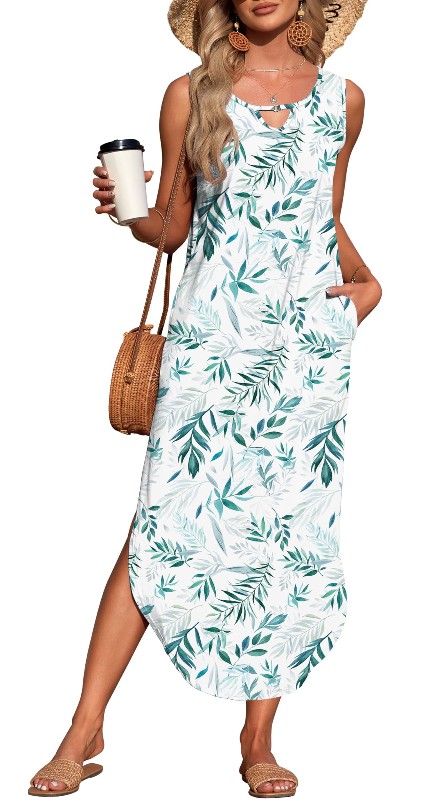 MISFAY Women's Summer Maxi Dress Sleeveless Loose Long Beach Split Dresses with Pockets